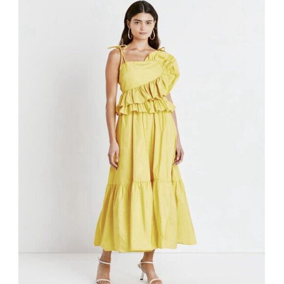 Tanya Taylor Delphine Dress Lemon Yellow Ruffle Detail Midi Dress sz 10 - Picture 2 of 13